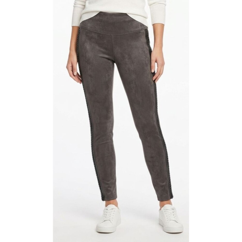 WHBM Faux Suede Chain Trim Runway Leggings Charcoal Gray Side Stripe 6S EUC